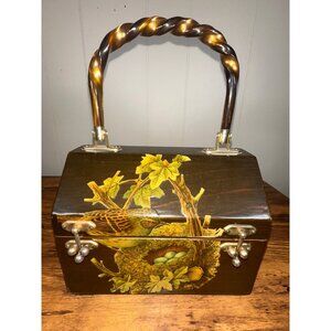 Vintage Decoupage Bird Wood Box Purse MCM Lucite Handle